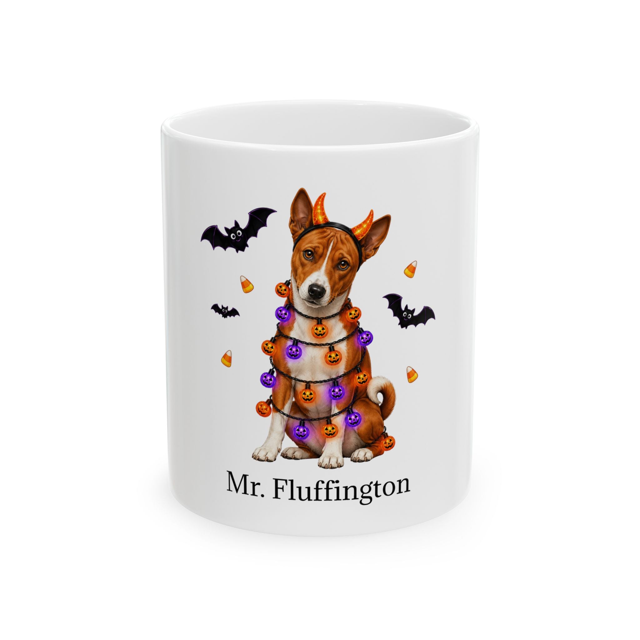 Personalized Basenji dog ceramic coffee mug with Halloween artwork and custom name — image 2