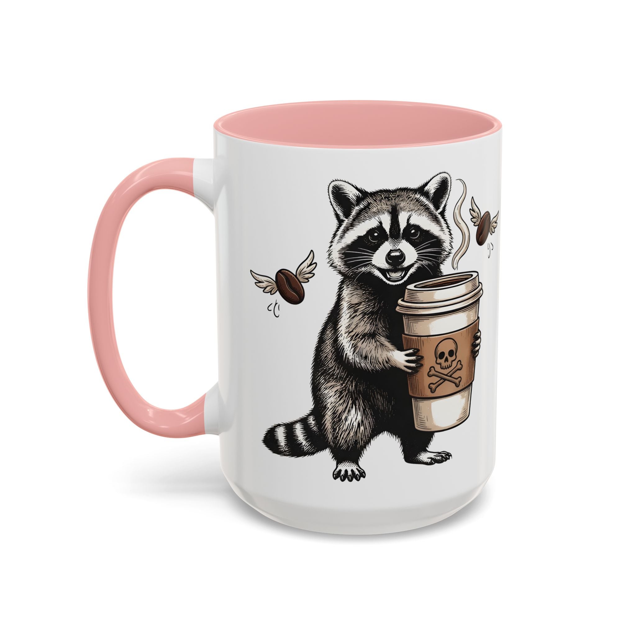 White ceramic mug with a pink handle and interior, featuring a raccoon holding a coffee cup.