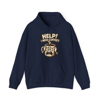 A navy blue hooded sweatshirt featuring a cartoon coffee mug looking stressed with the text HELP.