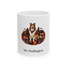 Personalized Collie dog Halloween mug, 11oz white ceramic, with custom pet name on front
