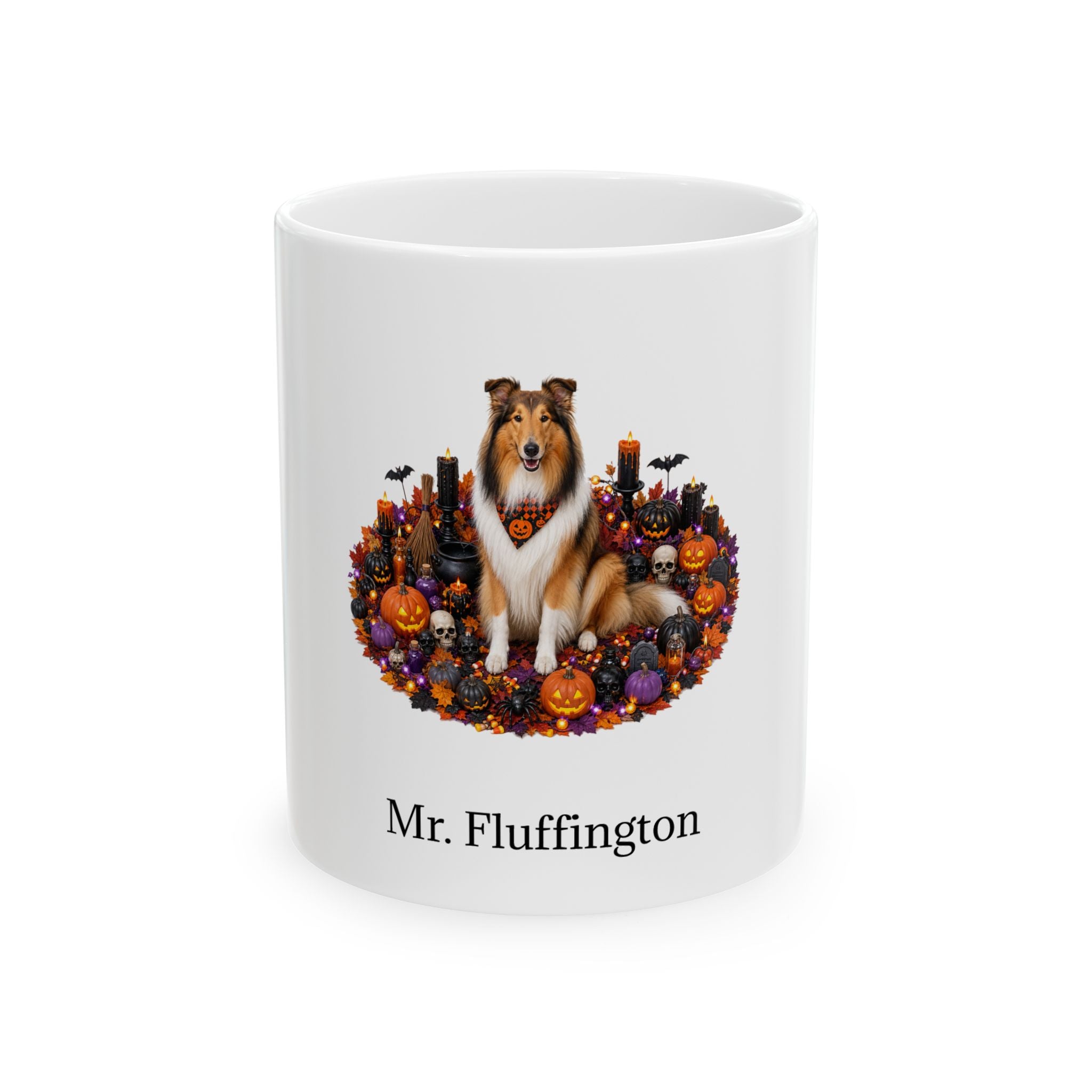 Personalized Collie dog Halloween mug, 11oz white ceramic, with custom pet name on front