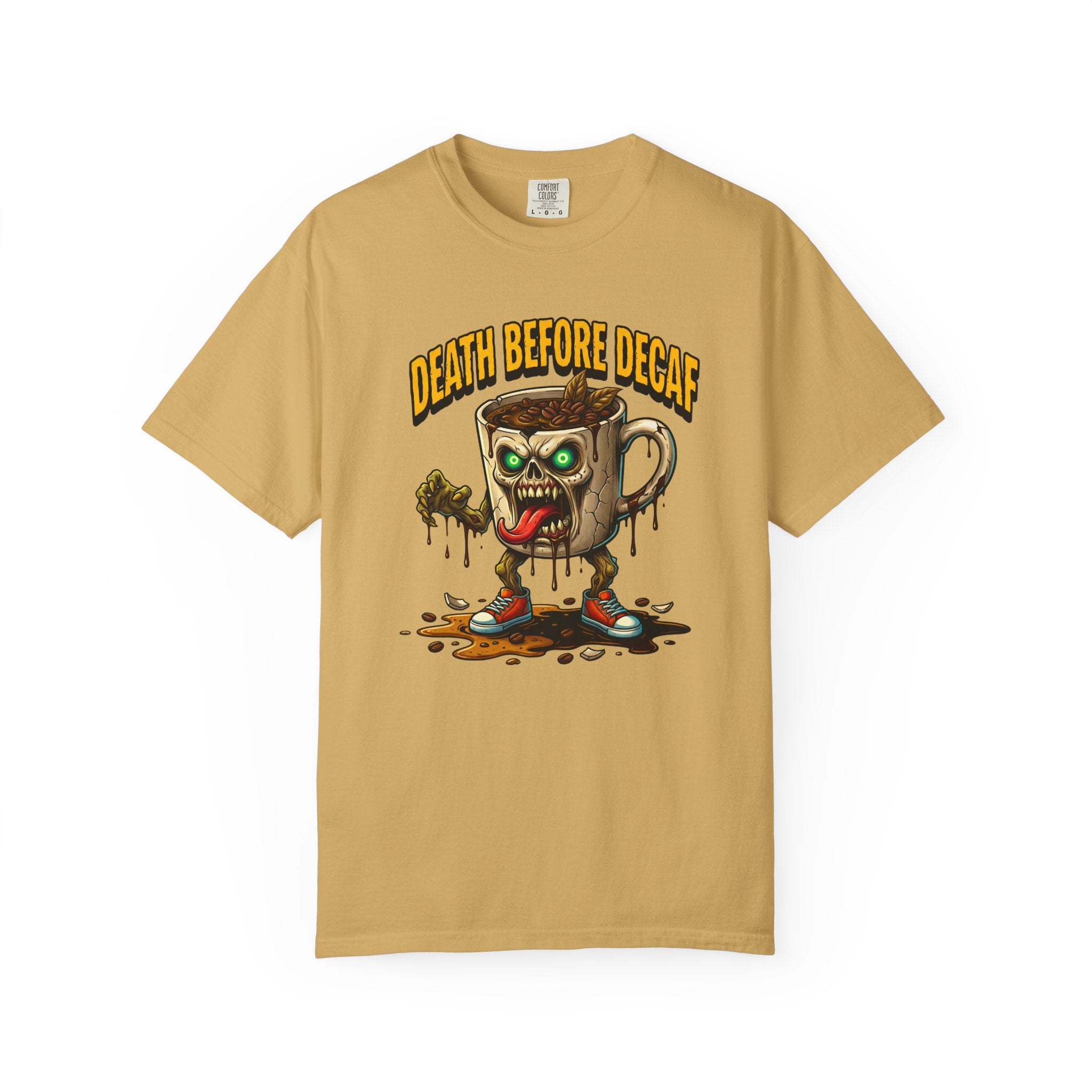 Tan unisex cotton t-shirt featuring a gothic zombie coffee mug graphic with the text Death Before Decaf