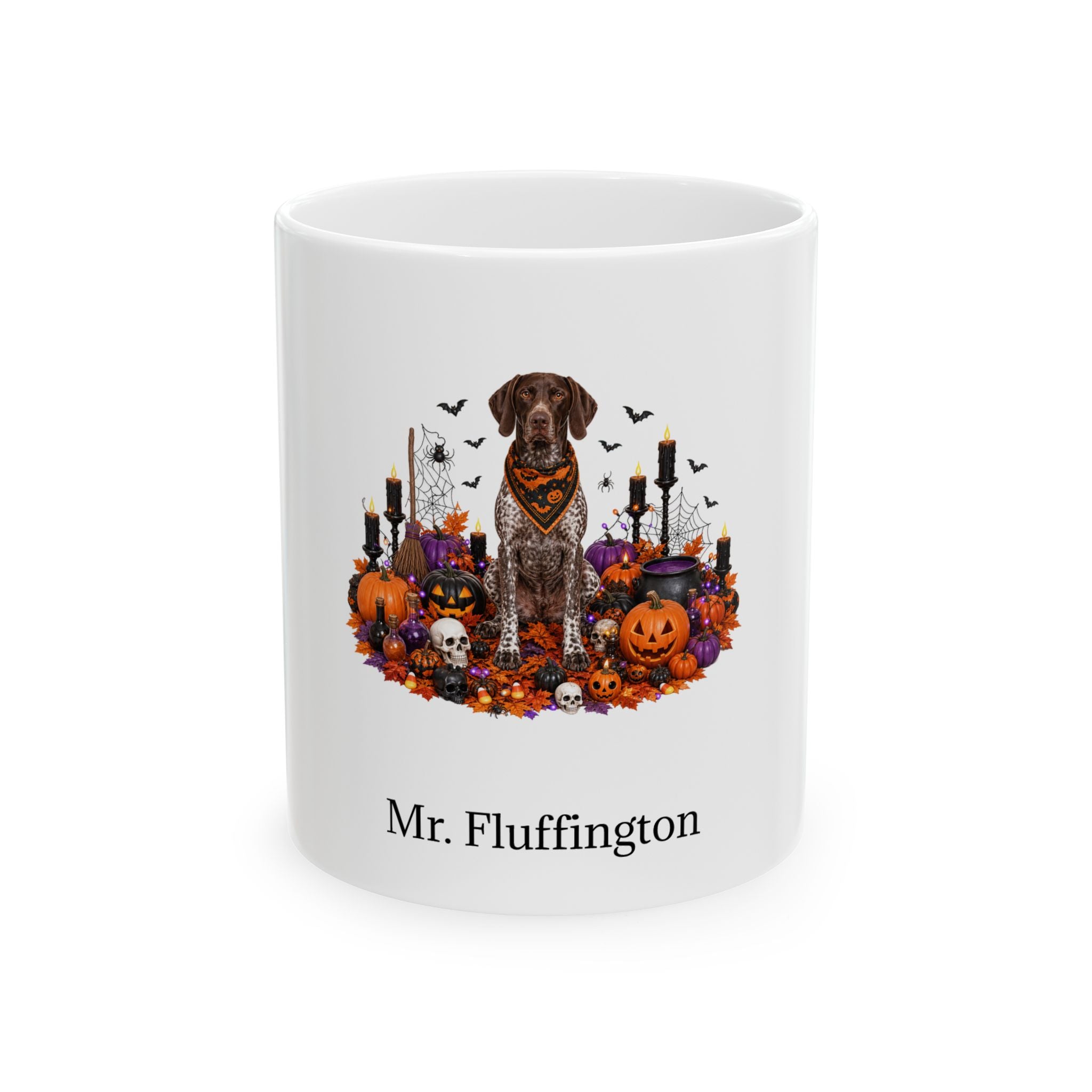 Personalized German Shorthaired Pointer dog Halloween mug, 15oz white ceramic, with custom pet name on front