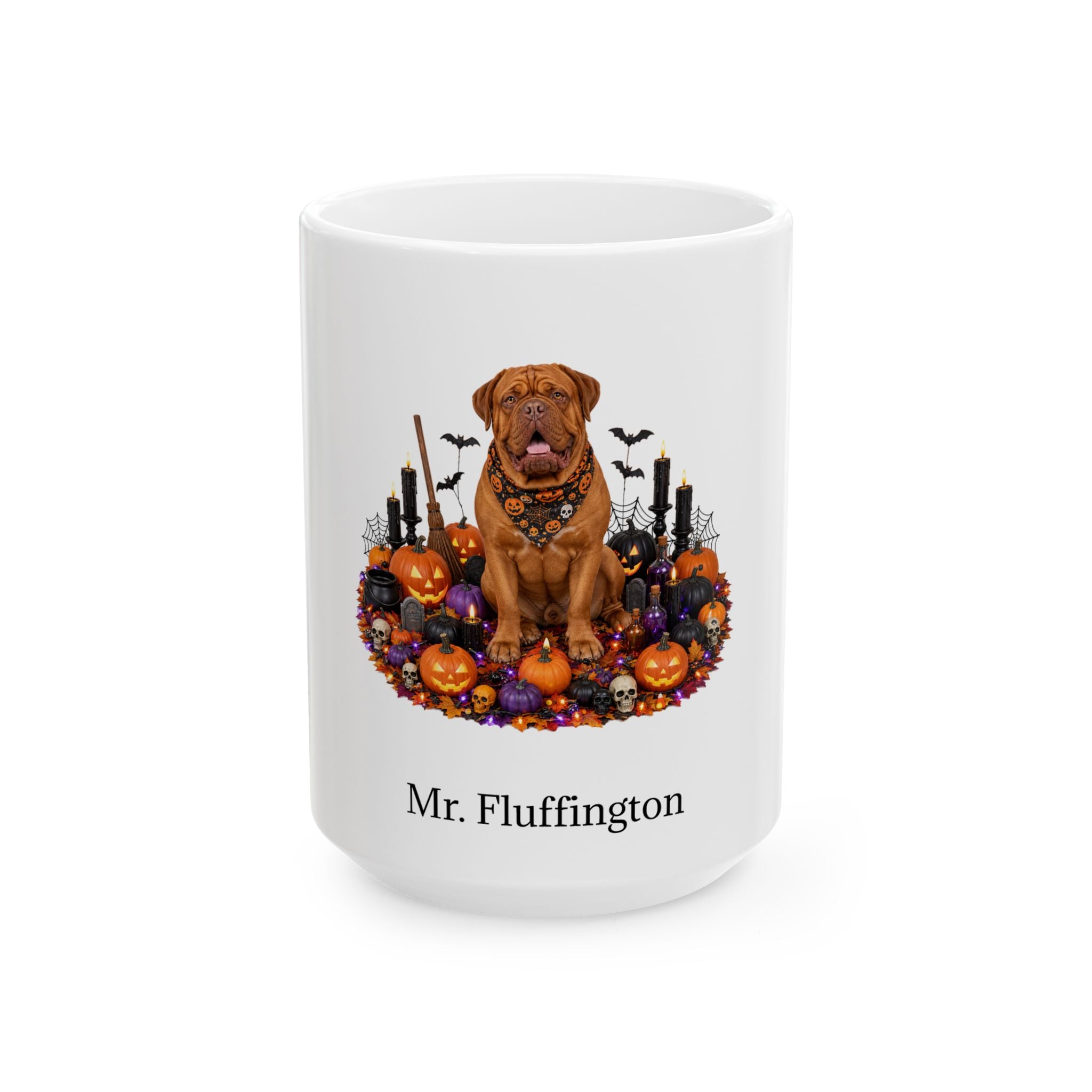 Personalized Dogue de Bordeaux dog Halloween mug, 11oz white ceramic, with custom pet name on front