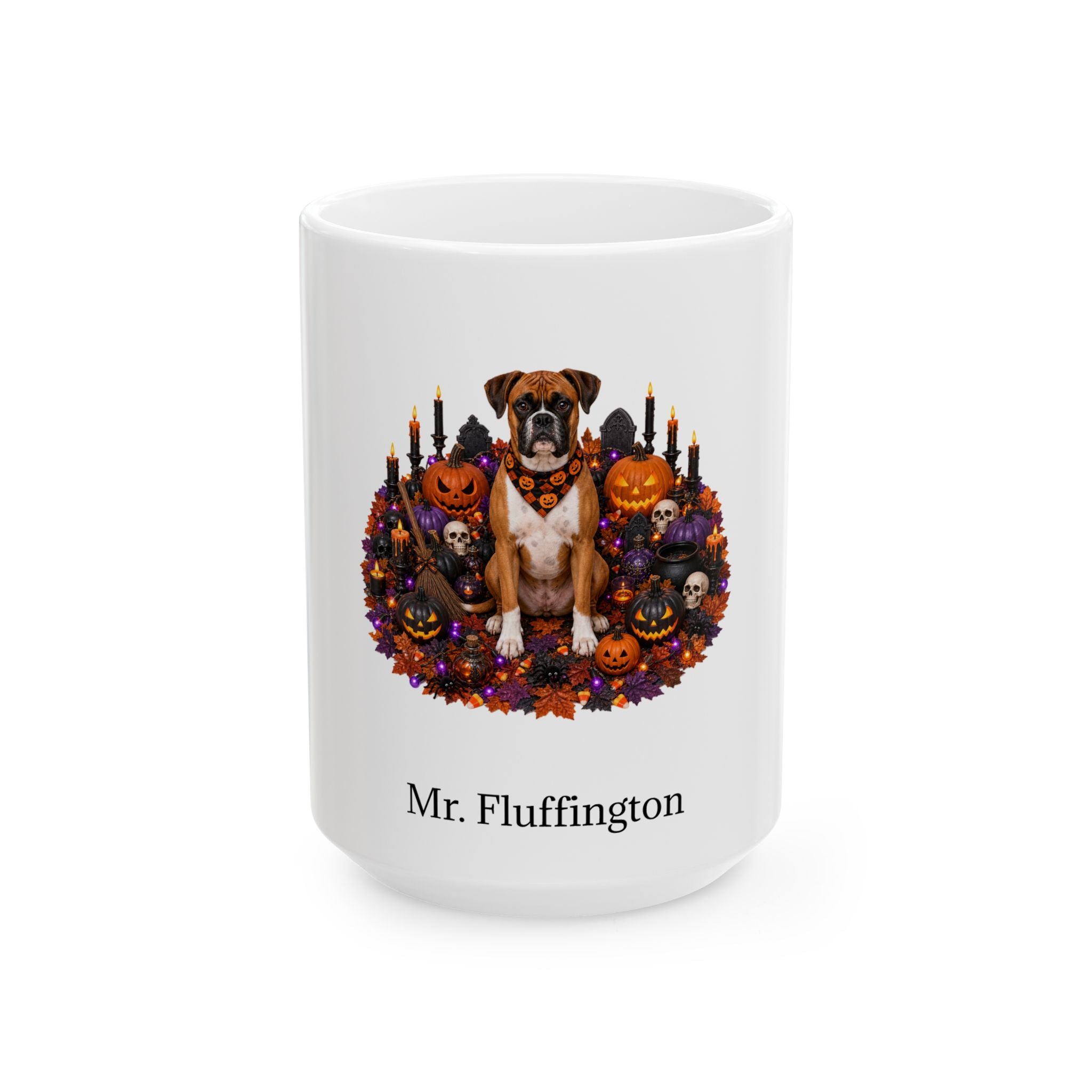 Personalized Boxer dog Halloween mug, 15oz white ceramic, with custom pet name on front