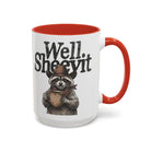 White ceramic mug with a red handle and rim, featuring a raccoon in a cowboy hat holding a mug.
