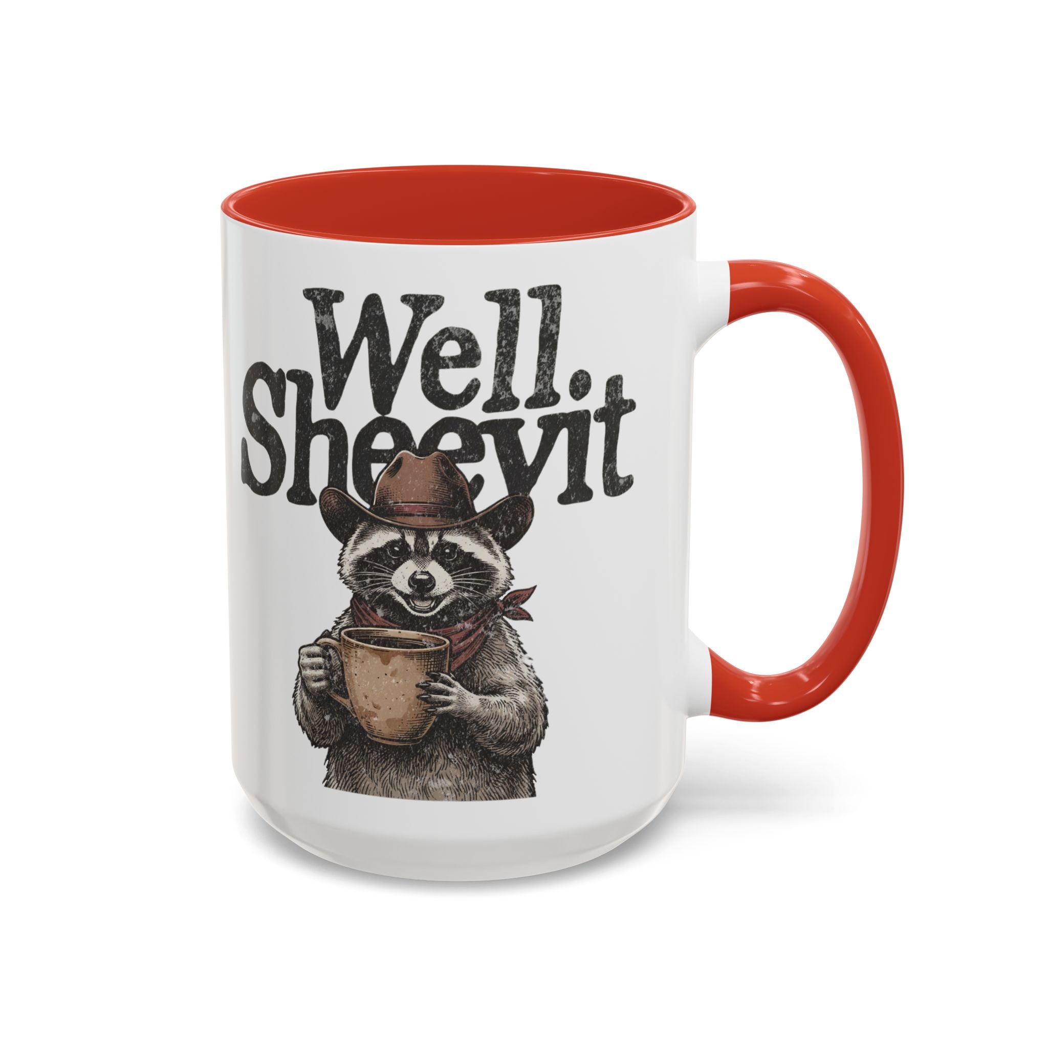 White ceramic mug with a red handle and rim, featuring a raccoon in a cowboy hat holding a mug.