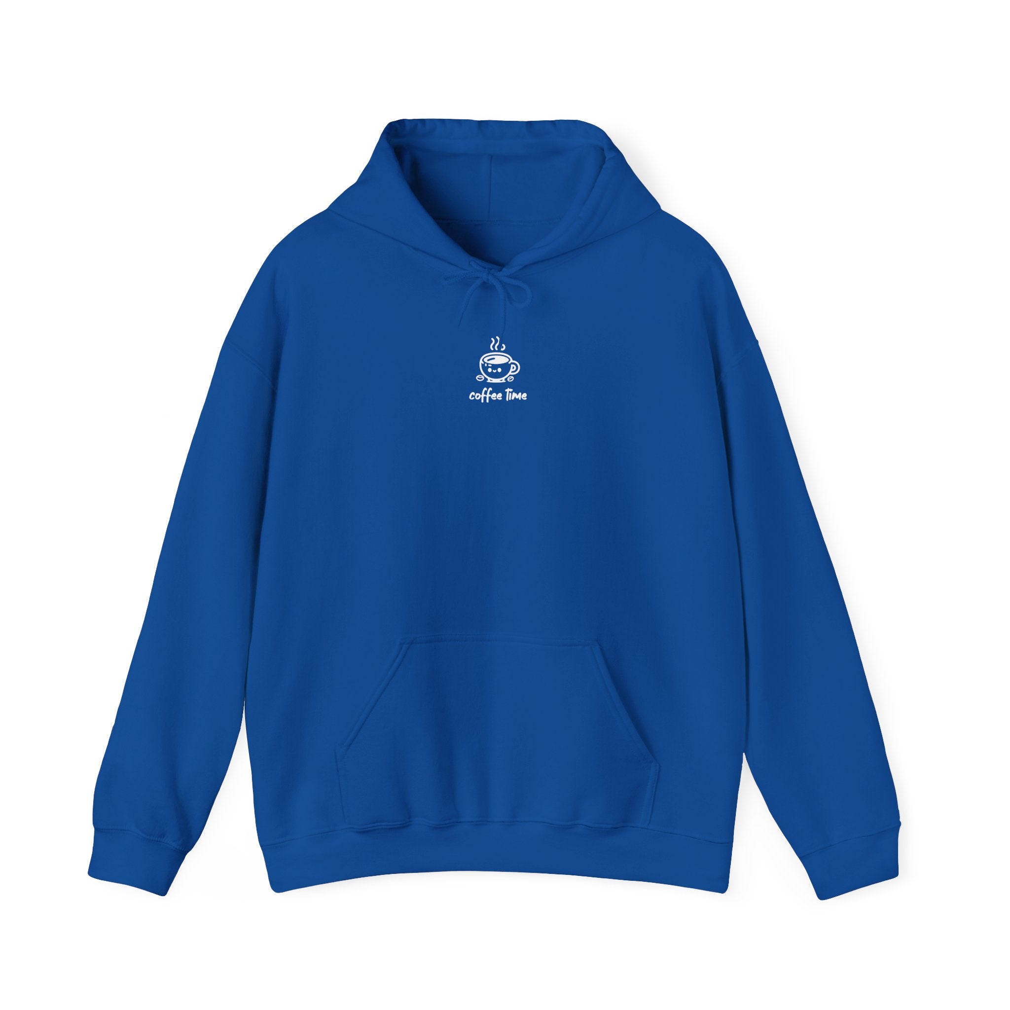 A blue hooded sweatshirt featuring a small white graphic of a coffee cup and the text coffee time.