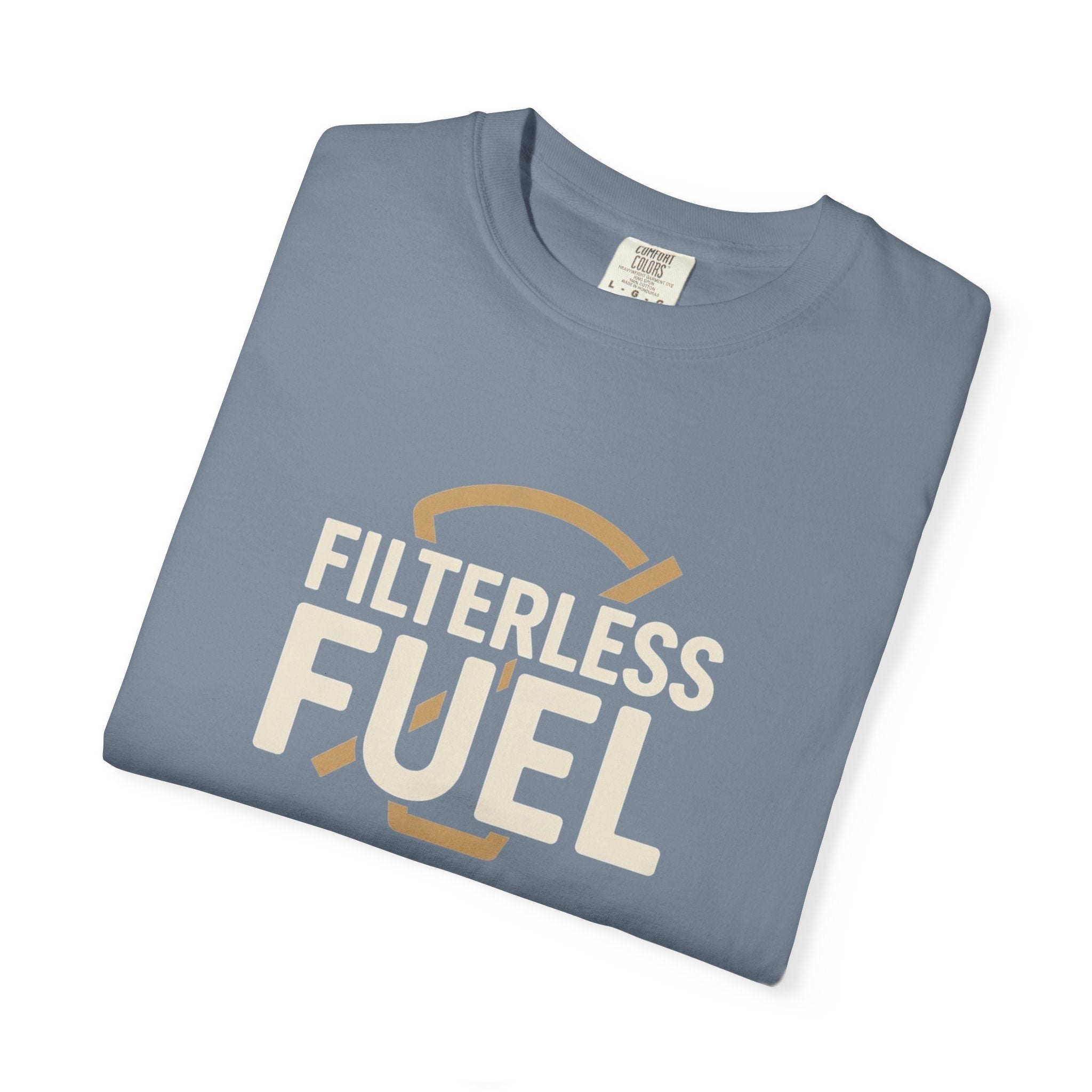 A folded blue unisex t-shirt featuring the text Filterless Fuel in a retro font.