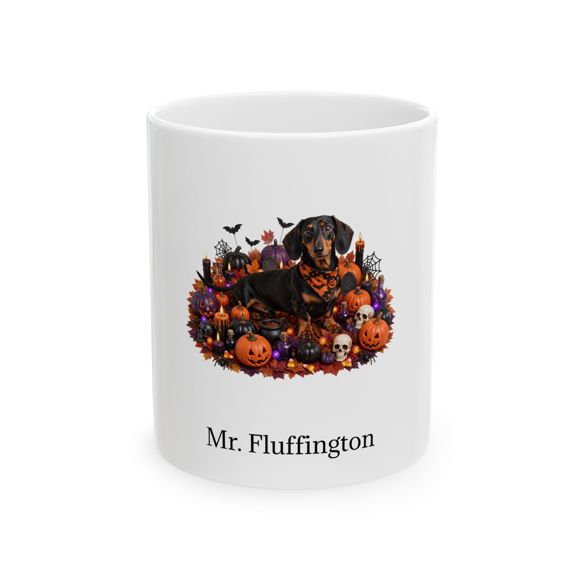 Personalized Dachshund dog Halloween mug, 11oz white ceramic, with custom pet name on front