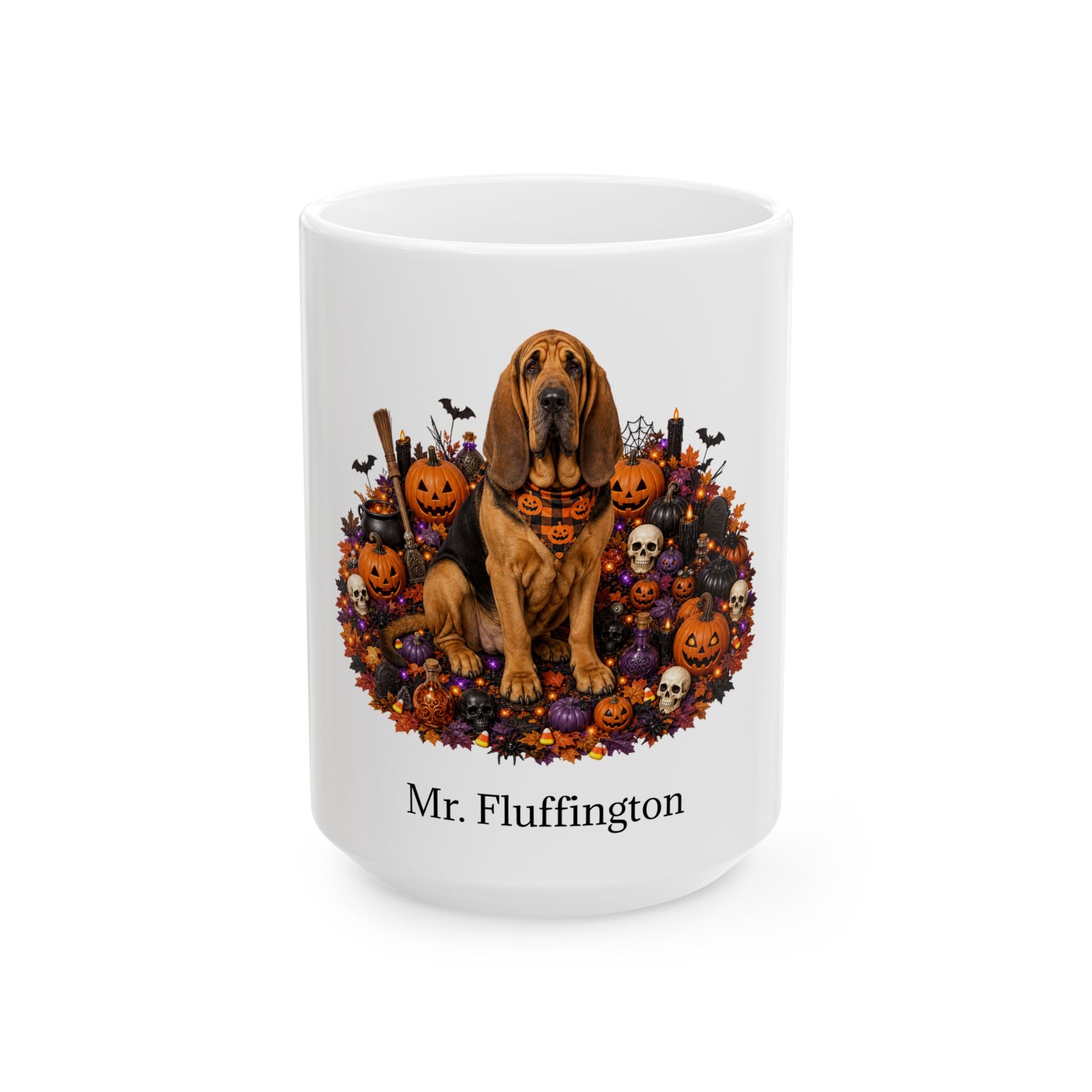 Angled Bloodhound dog Halloween mug with personalized pet name and fall design — image 3