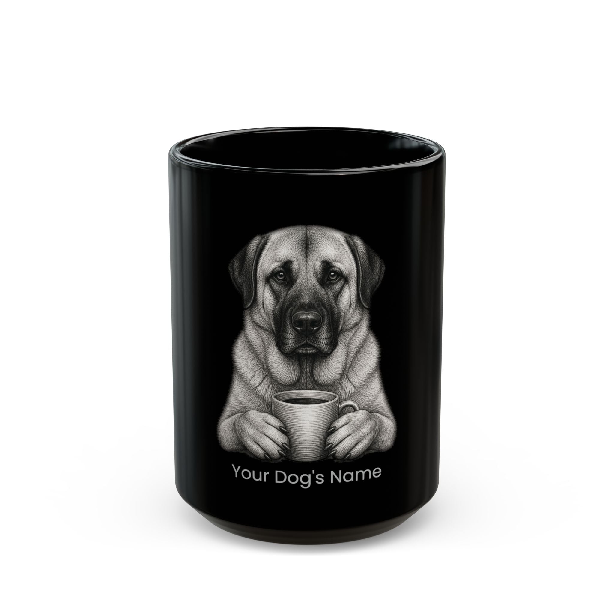 Personalized Anatolian Shepherd black ceramic coffee mug with custom dog name