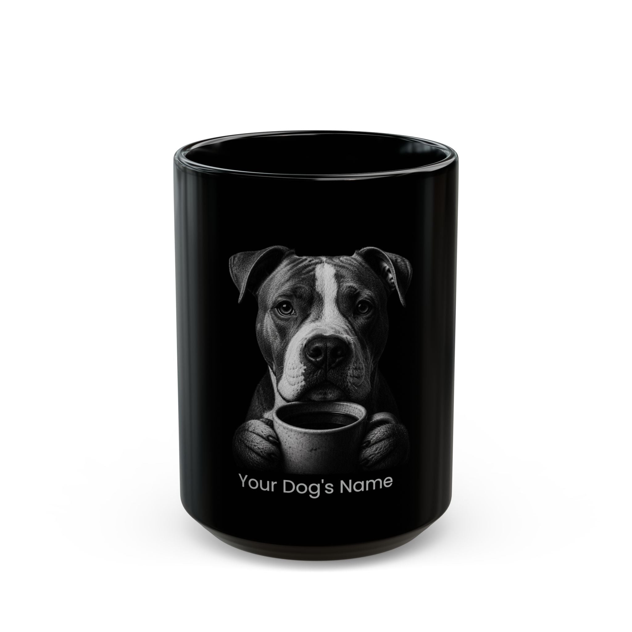 Personalized Pitbull black ceramic coffee mug with custom dog name