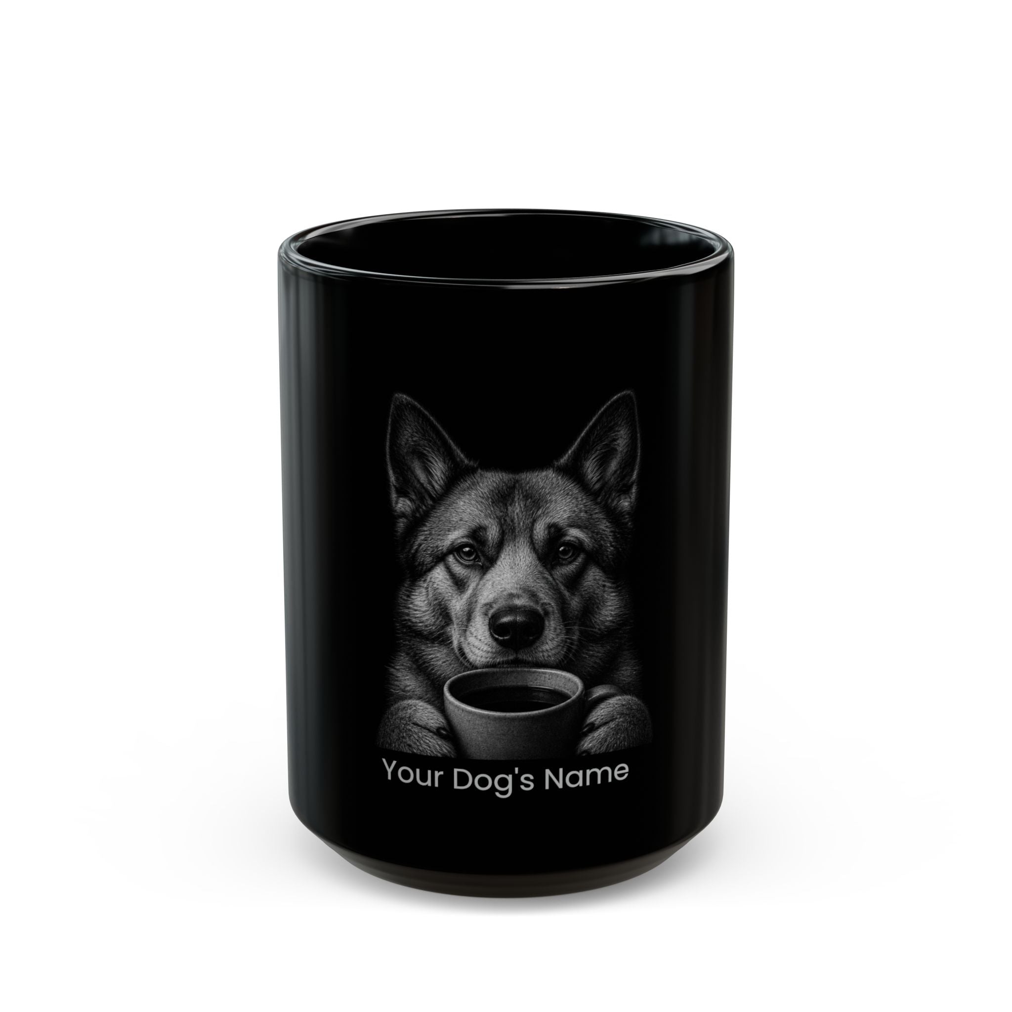 Personalized Norwegian Buhund black ceramic coffee mug with custom dog name