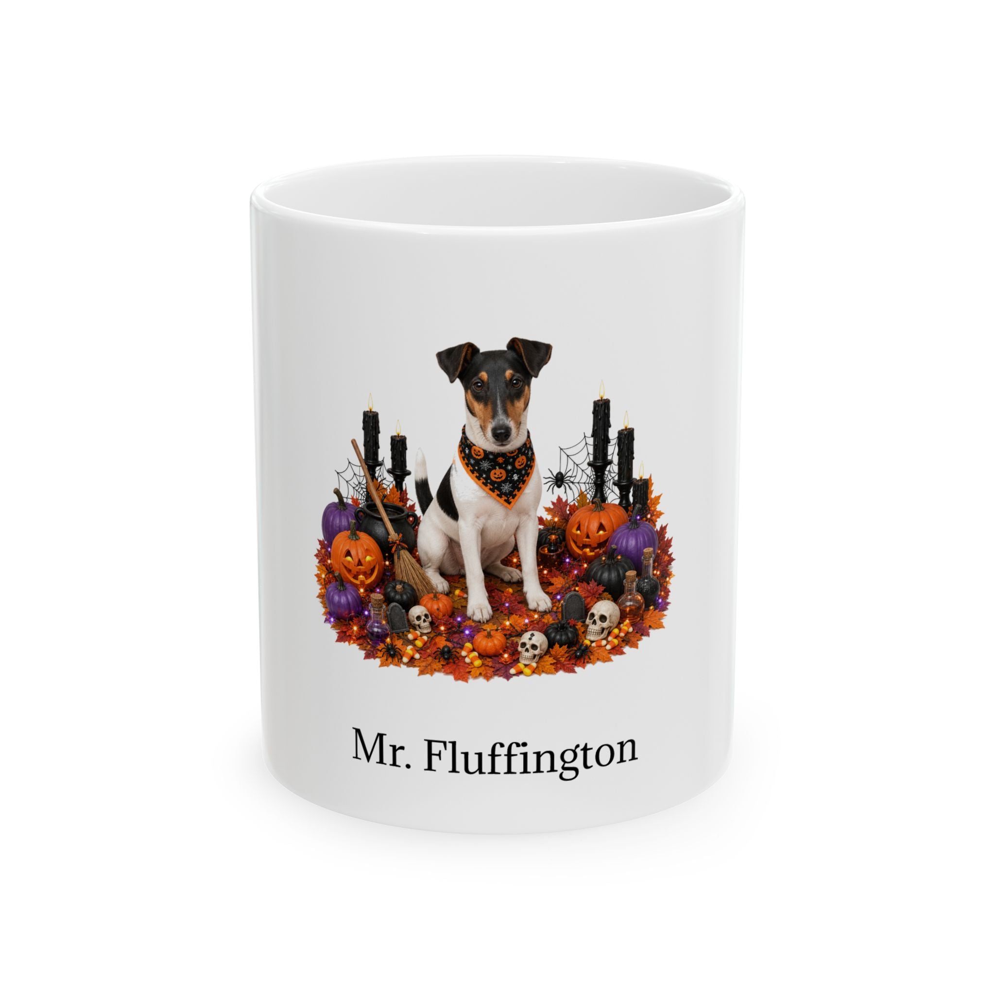 Personalized Smooth Fox Terrier dog Halloween mug, 15oz white ceramic, with custom pet name on front