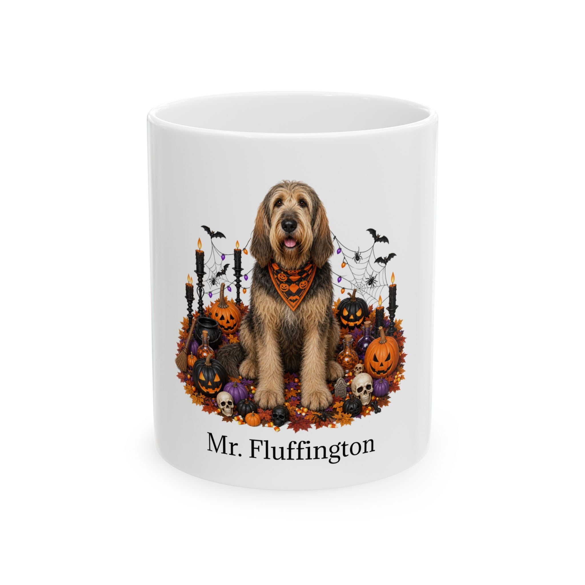 Personalized Otterhound Halloween mug with custom dog name, front product view