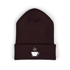 Embroidered coffee cup cuffed beanie in dark brown.