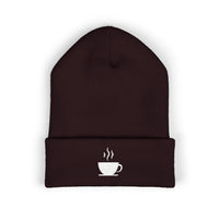 Embroidered coffee cup cuffed beanie in dark brown.