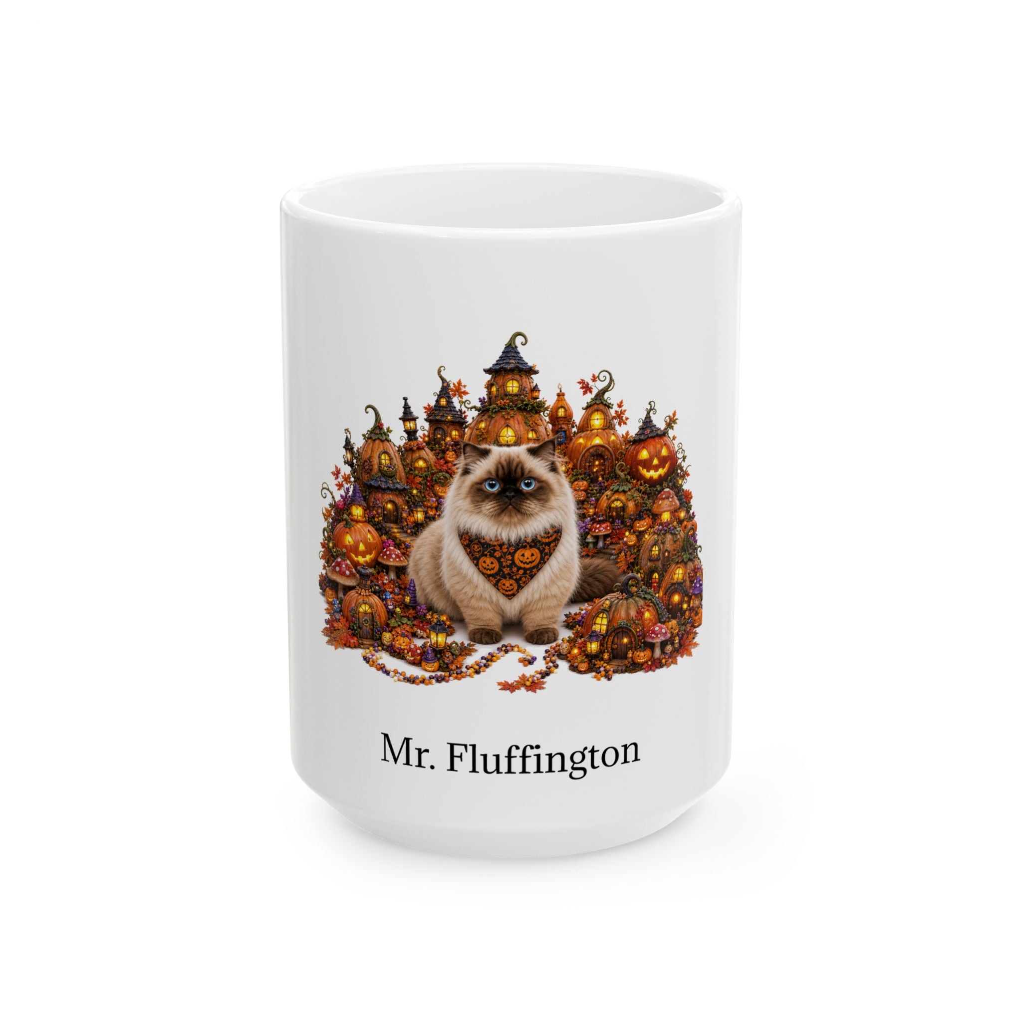 Personalized Munchkin cat Halloween mug, 15oz white ceramic, with custom pet name on front