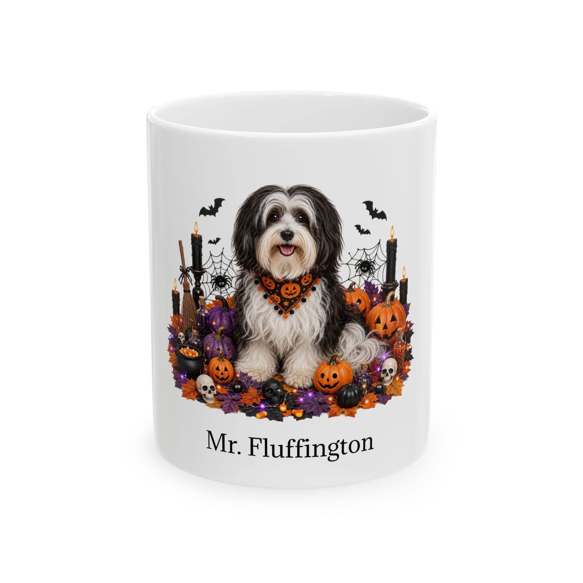 Personalized Havanese Halloween mug with custom dog name, front product view