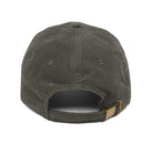 Back view of a dark olive green corduroy baseball cap with an adjustable gold metal buckle strap.