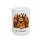Personalized Orange Ginger cat Halloween mug, 15oz white ceramic, with custom pet name on front