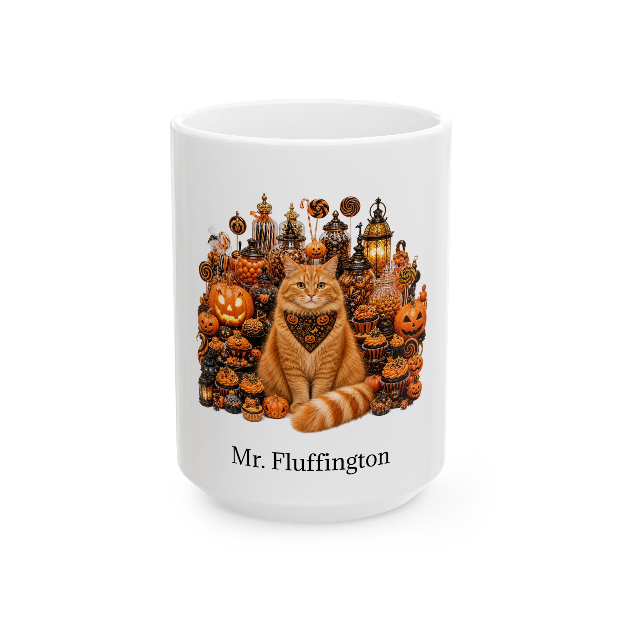 Personalized Orange Ginger cat Halloween mug, 15oz white ceramic, with custom pet name on front