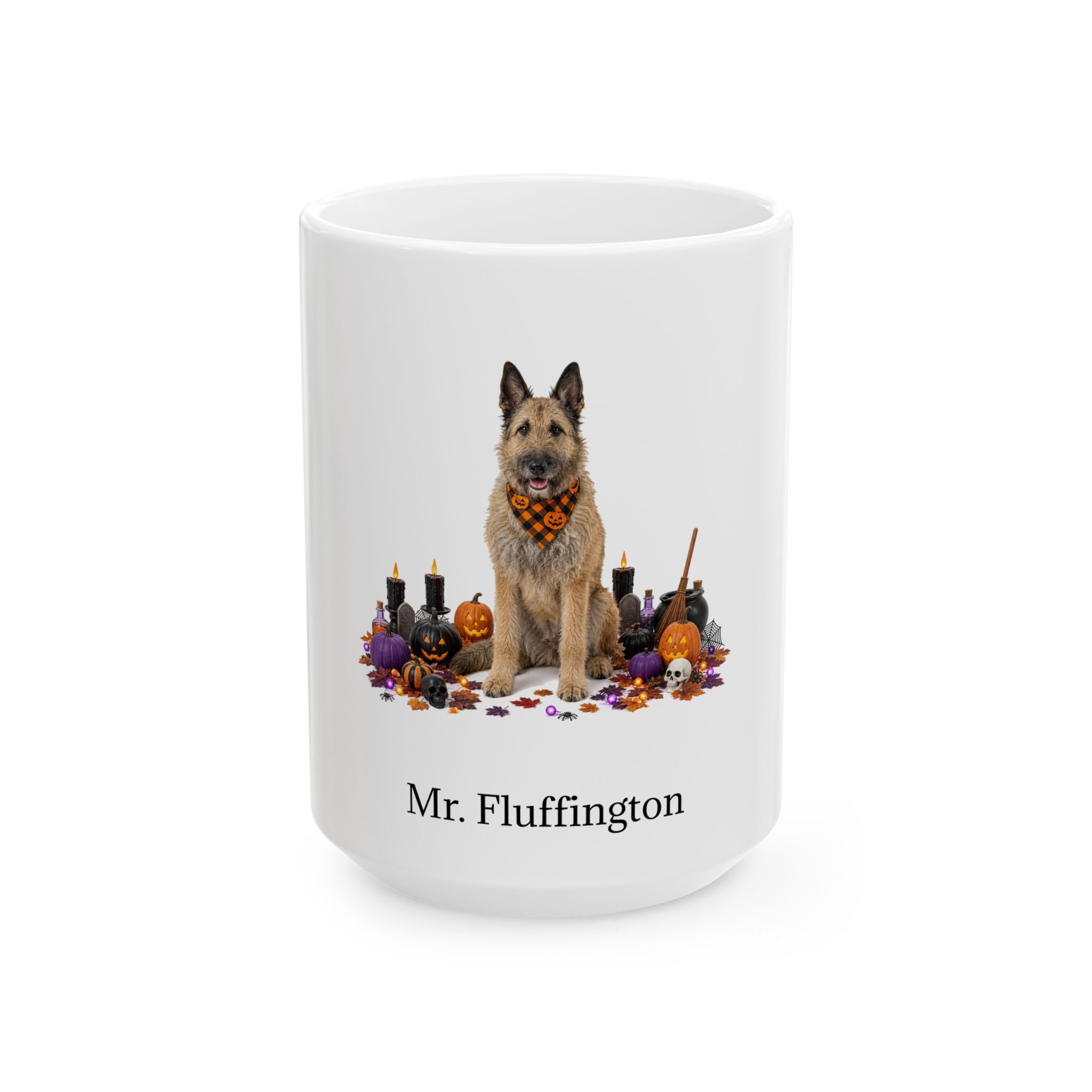 Personalized Belgian Shepherd Laekenois dog Halloween mug, 11oz white ceramic, with custom pet name on front