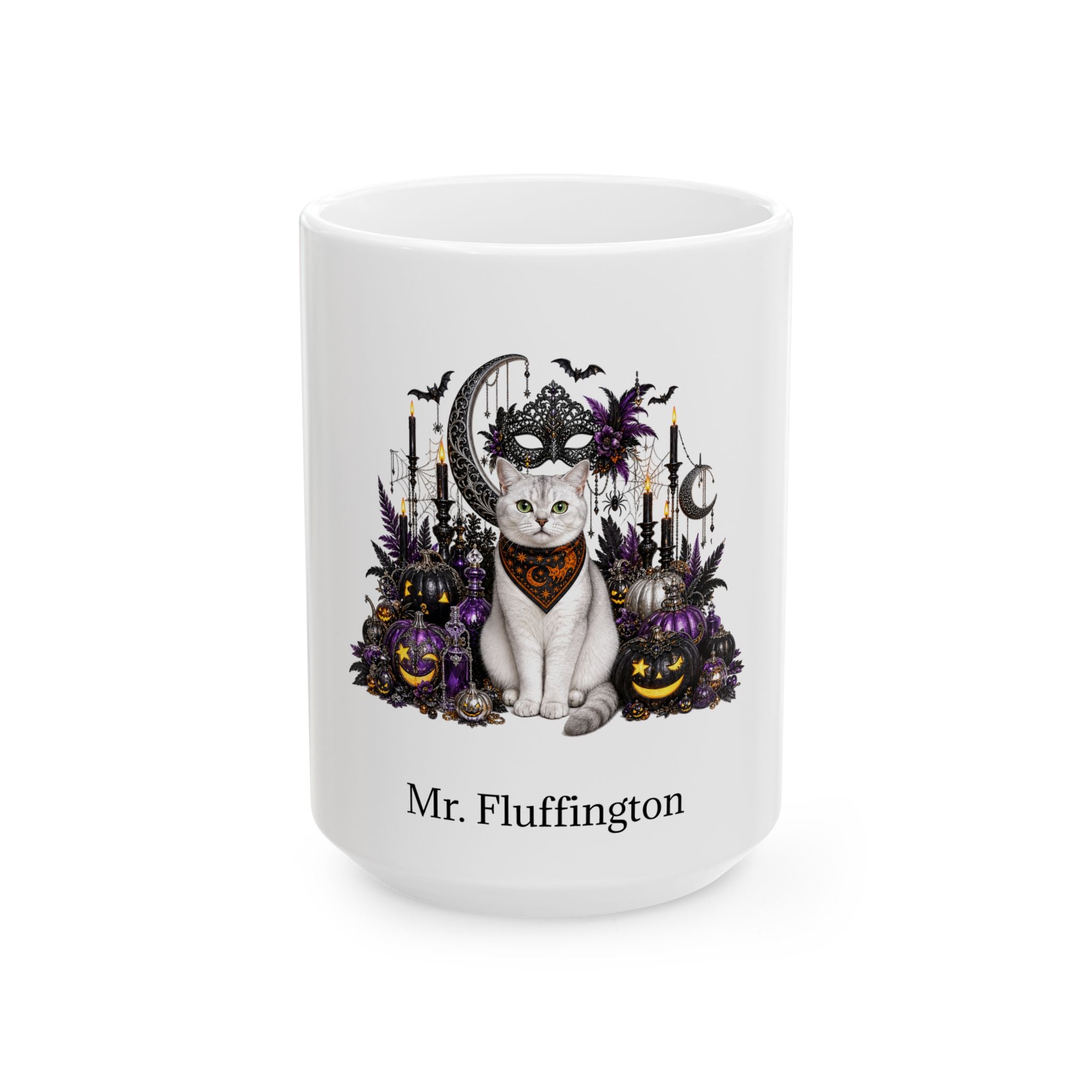Personalized Burmilla cat Halloween mug, 15oz white ceramic, with custom pet name on front