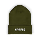 Olive green cuffed beanie with embroidered "COFFEE" text.