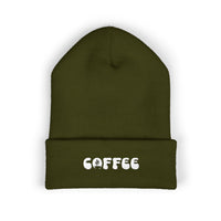 Olive green cuffed beanie with embroidered "COFFEE" text.