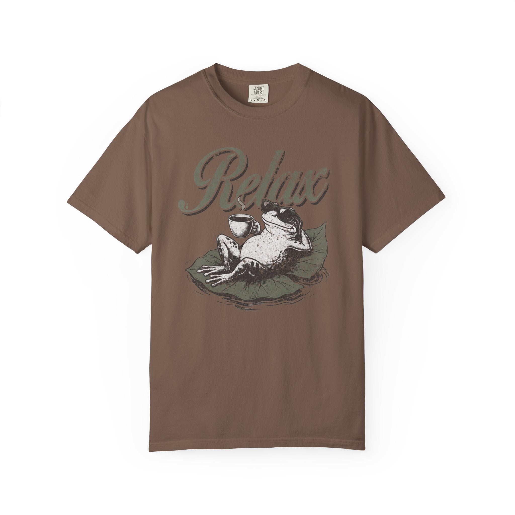 Brown unisex t-shirt featuring a graphic of a frog wearing sunglasses and holding a coffee cup.