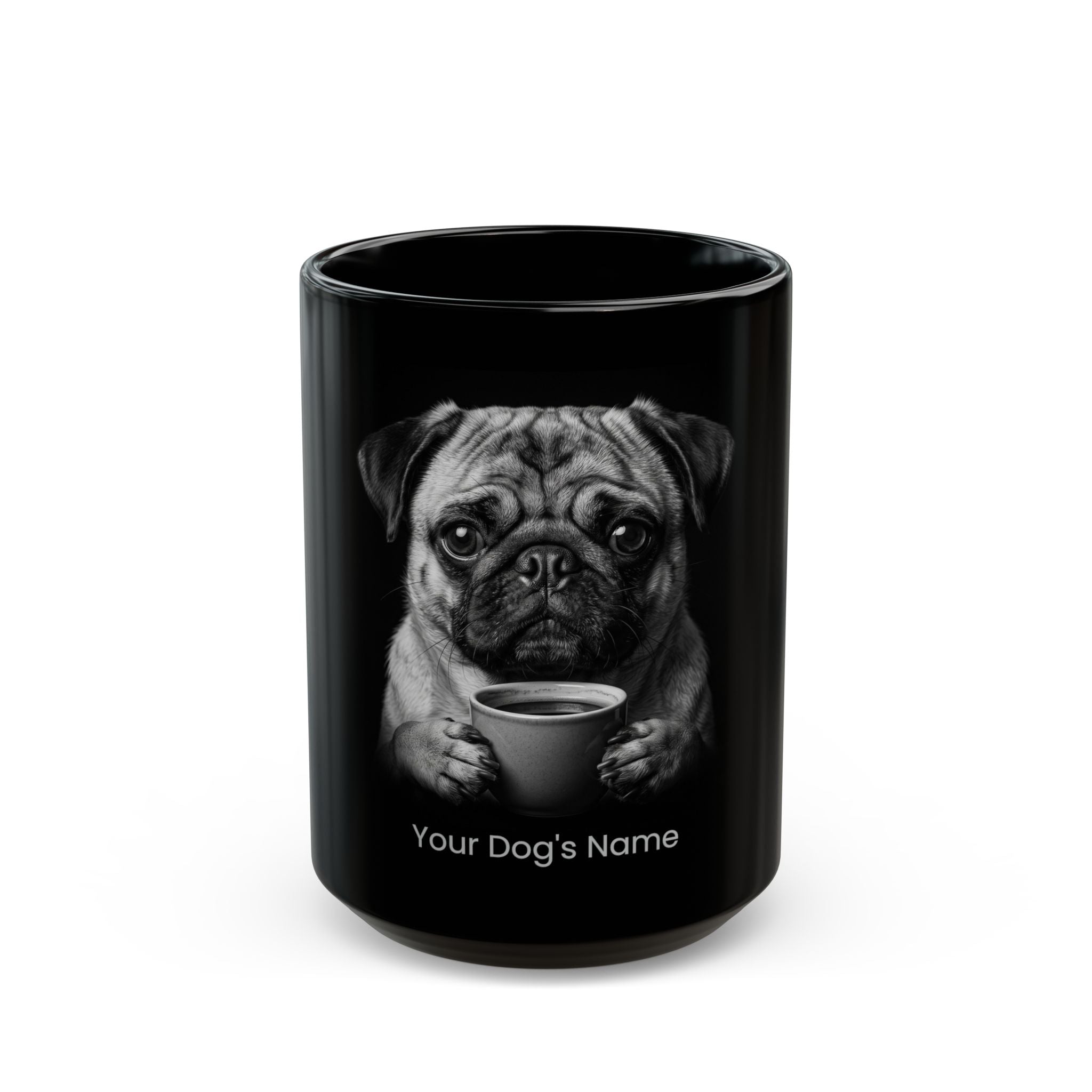 Personalized Pug black ceramic coffee mug with custom dog name