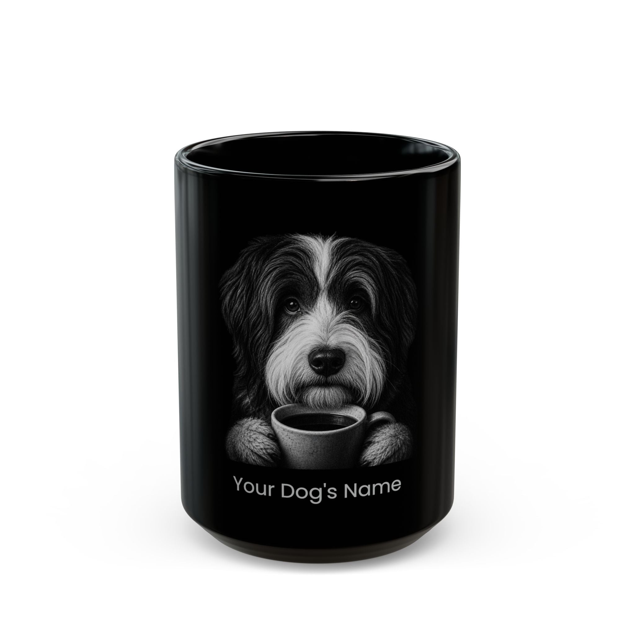 Personalized Catalan Sheepdog black ceramic coffee mug with custom dog name