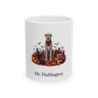 Personalized Irish Wolfhound dog Halloween mug, 11oz white ceramic, with custom pet name on front