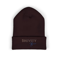 A dark brown cuffed beanie with "BREVITY Brew" embroidered on the front.