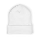 A white cuffed knit beanie is centered on a white background.