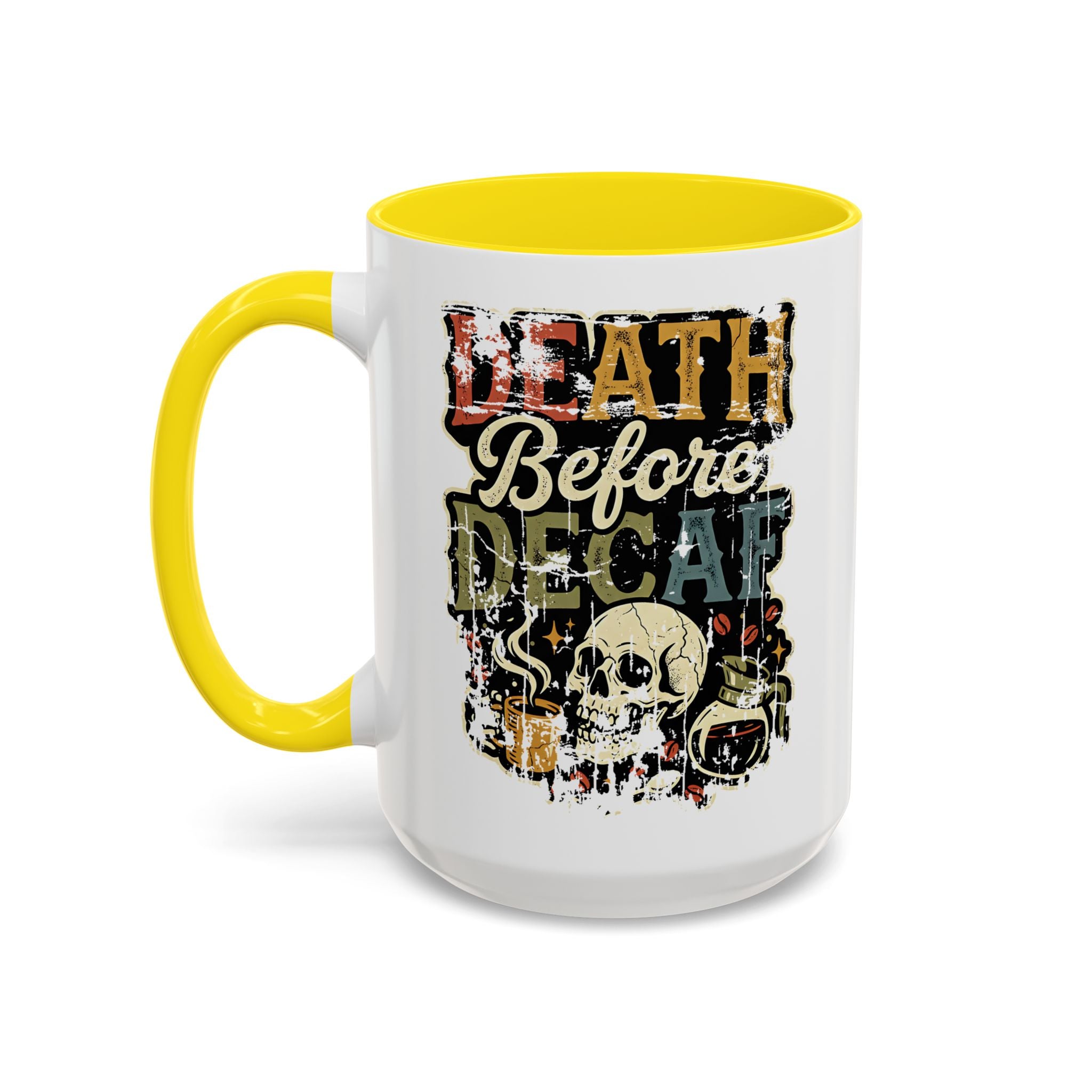 White ceramic mug with yellow handle and rim, featuring a retro skull and coffee graphic.