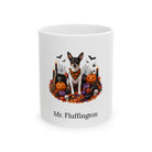 Personalized Rat Terrier dog Halloween mug, 11oz white ceramic, with custom pet name on front