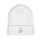 Embroidered coffee cup cuffed beanie in white.