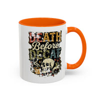 White ceramic mug with an orange handle and rim, featuring a vintage skull and coffee graphic.