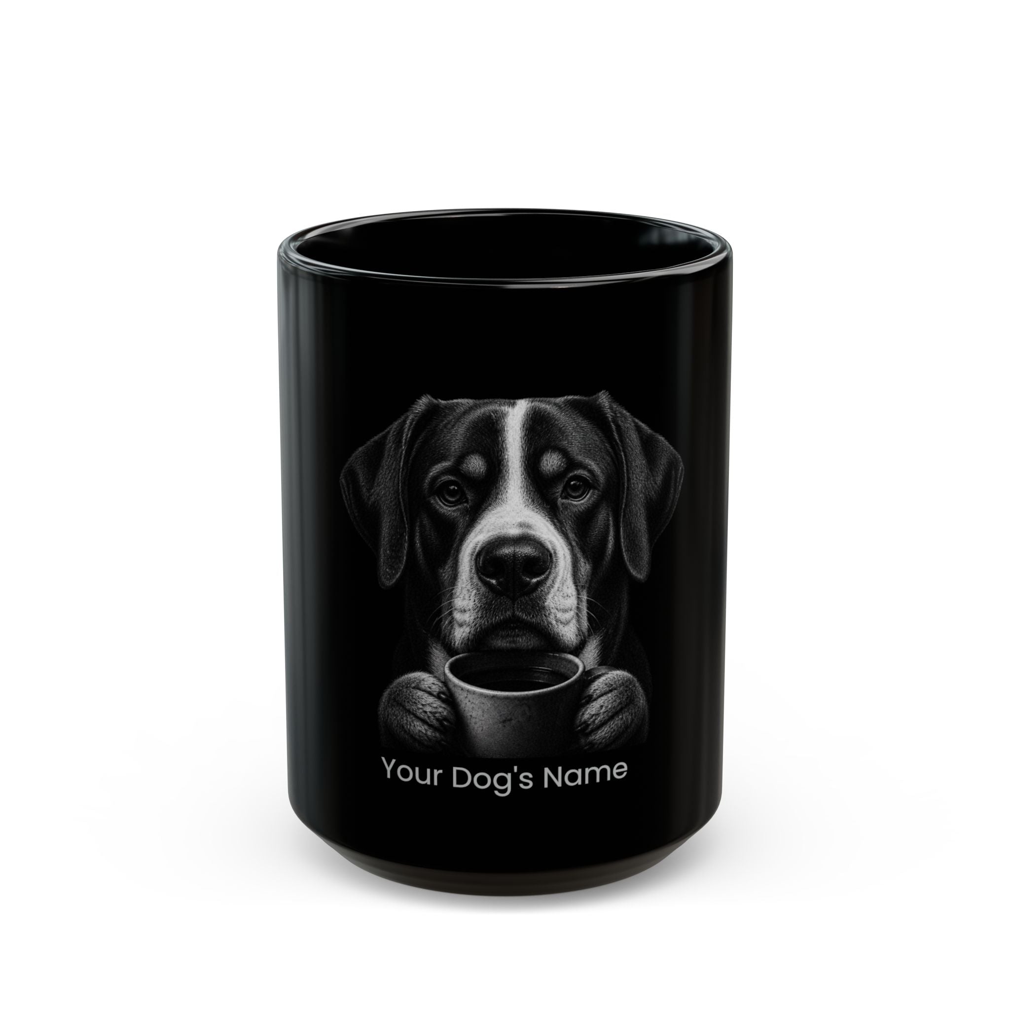 Personalized Greater Swiss Mountain Dog black ceramic coffee mug with custom dog name