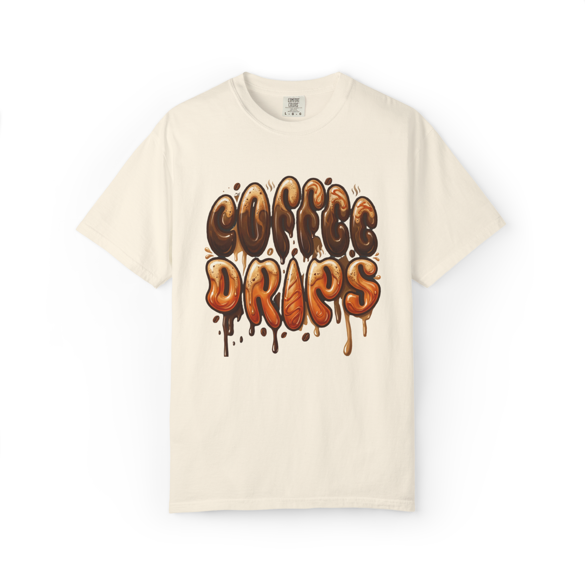 A cream-colored garment-dyed cotton t-shirt featuring a retro coffee drips graphic on the front.