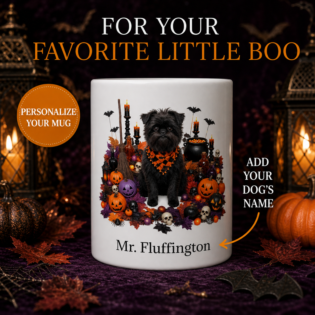 White Affenpinscher dog Halloween mug with custom pet name and spooky fall artwork — image 1
