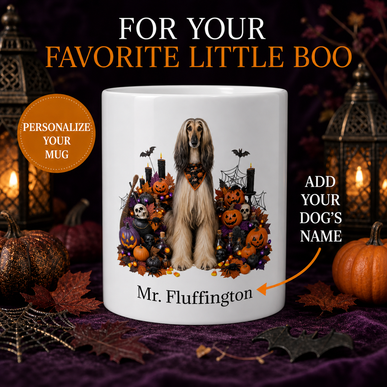 Personalized Afghan Hound Halloween Mug with custom dog name in a premium Halloween lantern and pumpkin display
