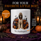 Personalized Afghan Hound Halloween Mug with custom dog name in a premium Halloween lantern and pumpkin display