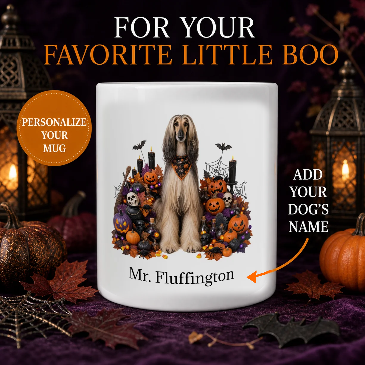 Personalized Afghan Hound Halloween mug with custom dog name and spooky fall design