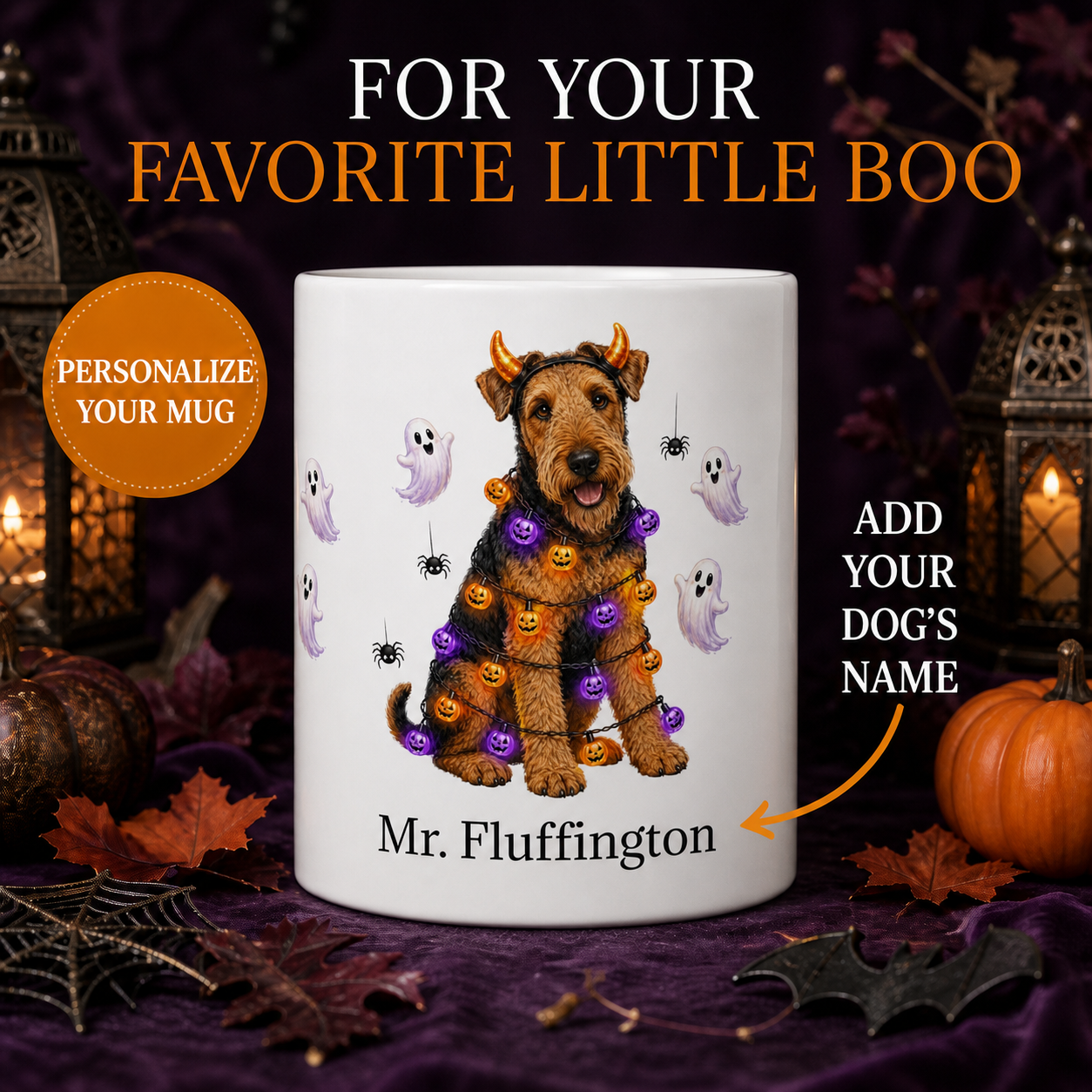 White Airedale Terrier dog Halloween mug with custom pet name and spooky fall artwork — image 1