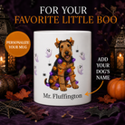 White Airedale Terrier dog Halloween mug with custom pet name and spooky fall artwork — image 1