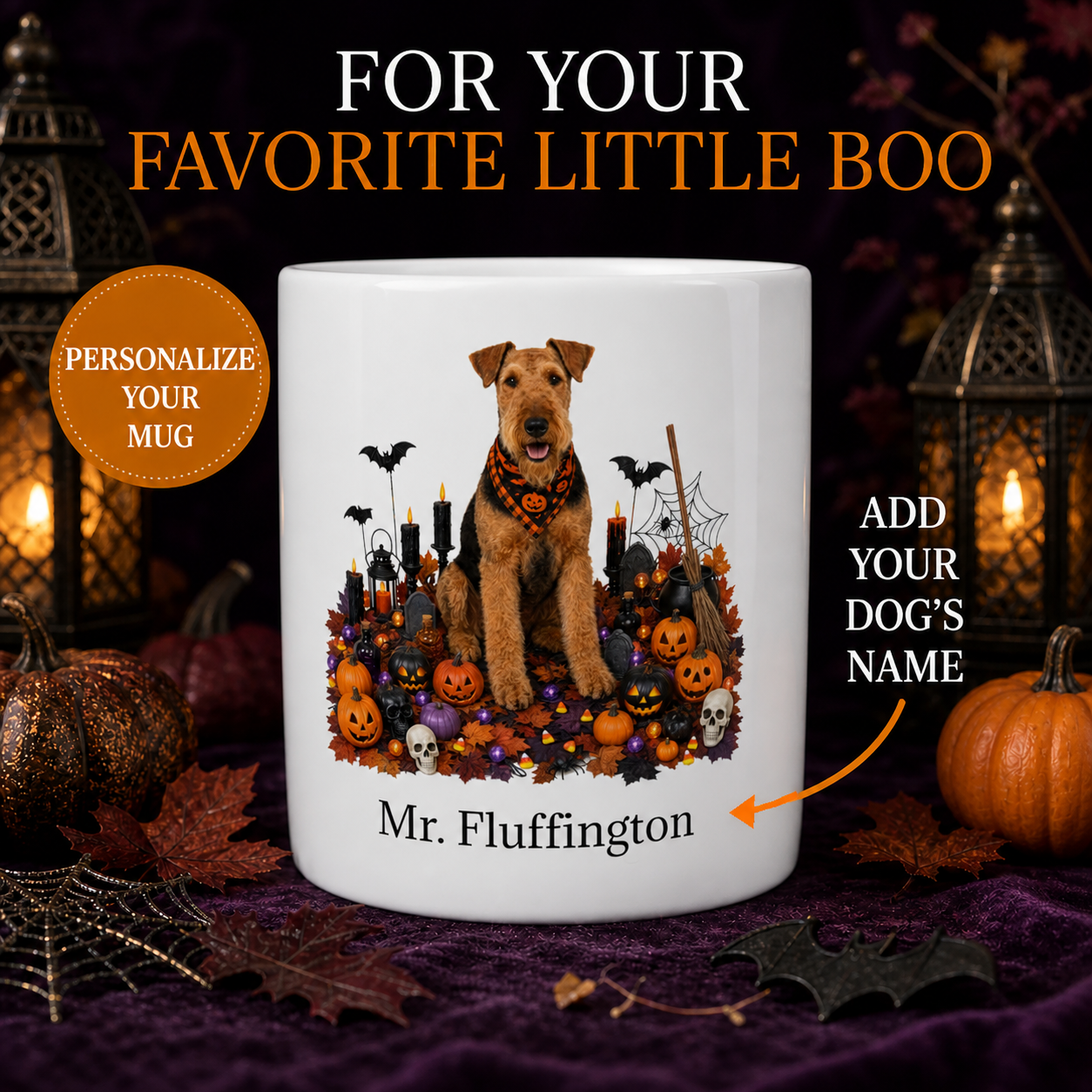 Personalized Airedale Terrier Halloween Mug with custom name in a premium Halloween lantern and pumpkin display